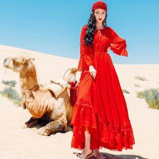 Long-sleeve Tie-neck Maxi A-line Dress