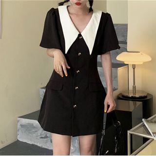 Short-sleeve Contrast Collar Bow Button A-line Dress
