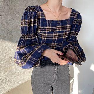 Plaid Square-neck Slim-fit Puff-sleeve Blouse