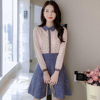 Long-sleeve Lace Panel Mini A-line Shirtdress