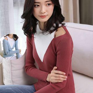Open Shoulder Colour Block Long-sleeve Knit Top