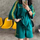 Set: Elbow-sleeve Striped Panel Track Jacket + Shorts Green - One Size