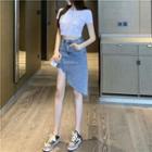Short-sleeve Bow T-shirt / Asymmetrical A-line Denim Skirt