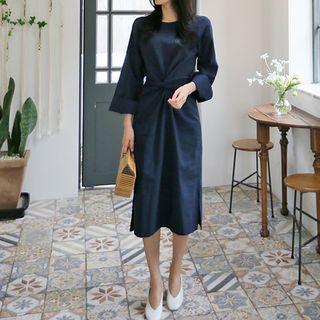 Cuff-sleeve Knot-front Midi Dress