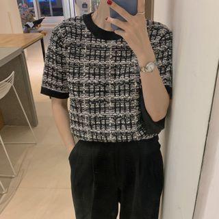 Round-neck Ringer Tweed Knit Top