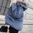 Faux Fur Trim Velvet Hooded Padded Coat