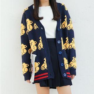 V-neck Bear Print Cardigan As Shown In Figure - One Size