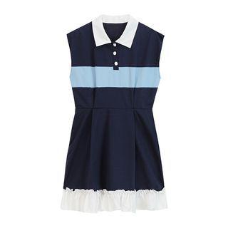 Sleeveless Polo Neck Color Block Mini A-line Dress