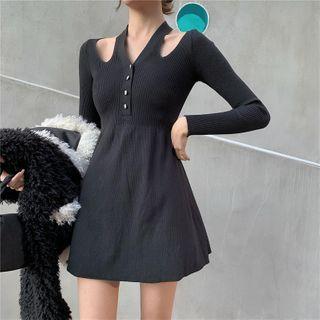 Plain Long-sleeve Halter Knit Dress