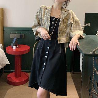 Spaghetti-strap Buttoned A-line Dress / Plaid Elbow-sleeve Cropped Jacket