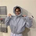 Drop-shoulder Ruffled-trim Crop Hoodie