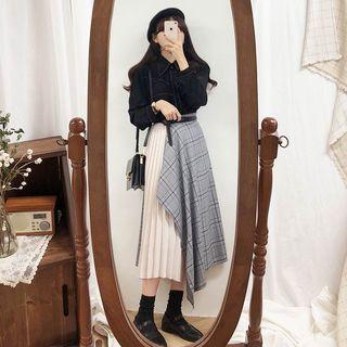 Set: Contrast Stitching Shirt + Plaid Panel Midi Pleated Skirt