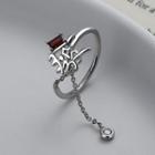 Rhinestone Chinese Character Chain Open Ring Silver - One Size