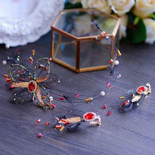 Set: Rhinestone Floral Bridal Headband + Drop Clip-on Earring Black - One Size