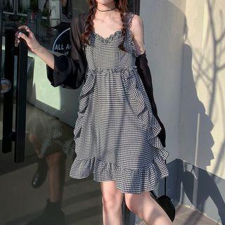 Spaghetti Strap Houndstooth Ruffled Mini A-line Dress / Chiffon Cardigan