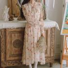 Long-sleeve Frill Trim Floral Chiffon A-line Midi Dress