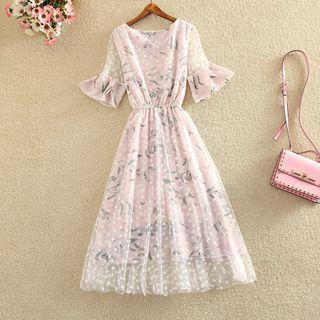 Mesh Panel Elbow-sleeve Midi Dress
