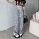 Plaid Slit-hem Wide Leg Pants Plaid - Black & White - One Size