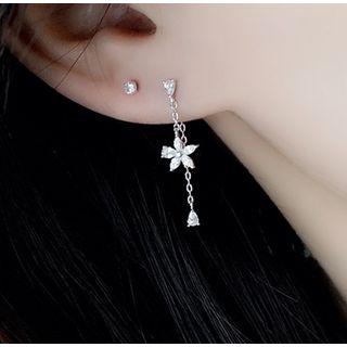 925 Sterling Silver Rhinestone Flower Dangle Earring As Shown In Figure - One Size