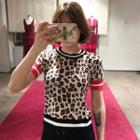 Set: Leopard Print Short-sleeve Knit Top + Knit Skirt