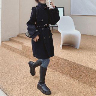 Long-sleeve Double Button Tie-waist Woolen Coat