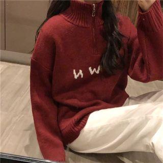 Lettering Half Zip Mock Neck Sweater