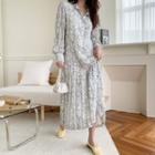 Crinkled Floral Long Shirtdress White - One Size
