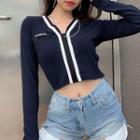 Contrast Trim Zip Long-sleeve Cropped T-shirt