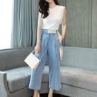 Set: Lace Trim Tank Top + Cropped Wide-leg Jeans