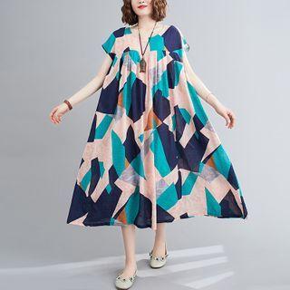 Short-sleeve Print Midi Dress Pink & Blue & Green - One Size