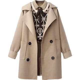 Double-breasted Coat / Patterned Knit Vest / Wide-leg Shorts / Shirt