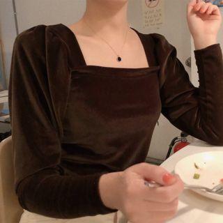 Long-sleeve Square Neck Velvet Blouse