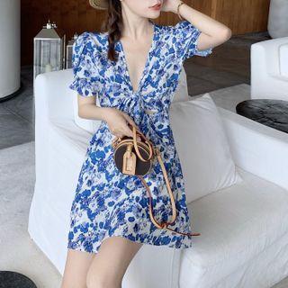 Short-sleeve V-neck Floral Print Cutout Dress