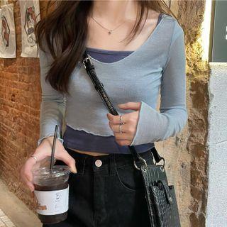 Set: Long-sleeve Lettuce-edge Crop Top + Camisole Top