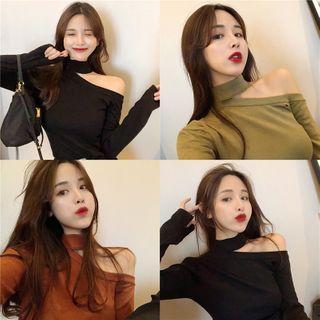 Plain One-shoulder Long-sleeve Knit Top - 3 Colors