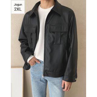 Flap-pocket Faux Leather Zip-up Jacket