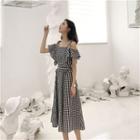 Plaid Off Shoulder Short Sleeve Midi Dress