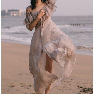 Elbow-sleeve Cold Shoulder Ruffled Maxi Dress