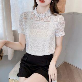 Short-sleeve Lace Plain Blouse