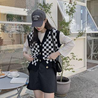 Contrast-trim Checked Sweater Vest Black - One Size