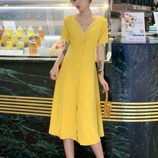 Short-sleeve Flower Trim Buttoned A-line Midi Chiffon Dress