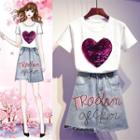 Set: Short-sleeve Sequined Heart T-shirt + Letter Frayed Hem A-line Mini Denim Skirt