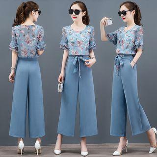 Set: Floral Print Short-sleeve Chiffon Top + Wide-leg Pants