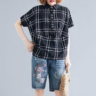 Striped Short-sleeve Shirt Black - Plaid - L
