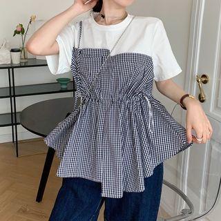 Panel Asymmetrical Plaid Short-sleeve Top