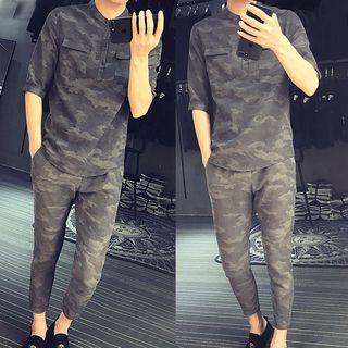 Set: Camouflage Elbow-sleeve Shirt + Slim-fit Pants