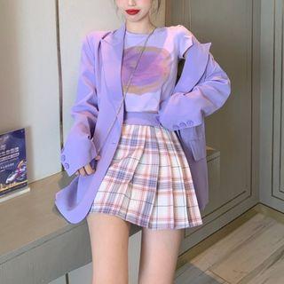 Long-sleeve Plain Blazer / Short-sleeve Printed Cropped Top / High-waist Plaid Skirt