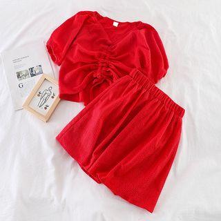 Set: V-neck Drawstring Top + Mini Skirt