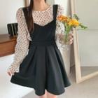 Set: Polka-dot Blouse + Pleated Pinafore Dress Black - One Size