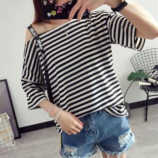 Open Shoulder Stripe 3/4-sleeve T-shirt